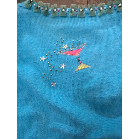 Vintage BERK2 Blue Knit Sweater with Embellished Cats & Martini Design, Size L - Picture 3 of 6
